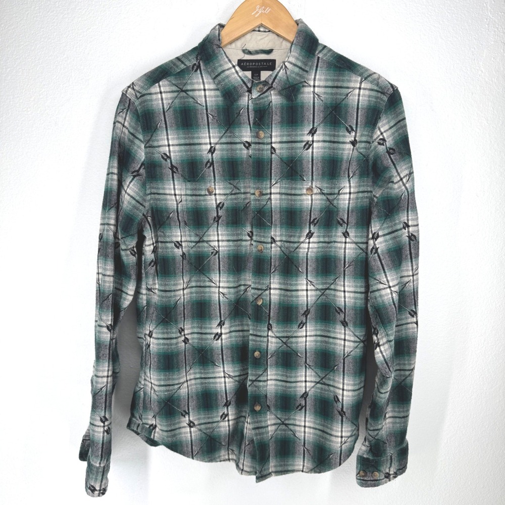 Aeropostale Plaid Arrow Print Flannel Button Shirt Small Green Southwestern Boho